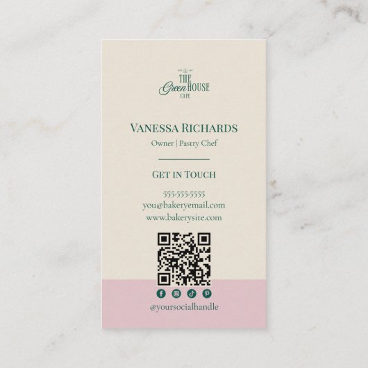 Carte De Visite Preppy Pink Stripes Green Bakery Logo QR Code  (Dos)