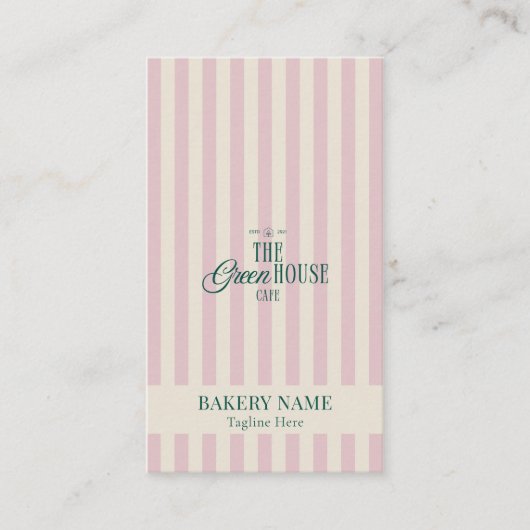 Carte De Visite Preppy Pink Stripes Green Bakery Logo QR Code  (Devant)