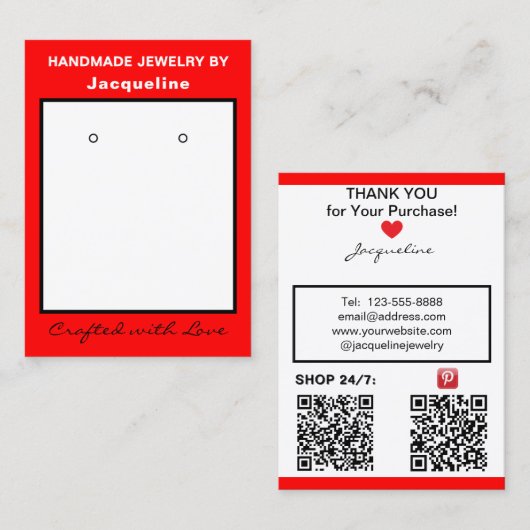 Carte De Visite Présentoir à bijoux rouge blanc avec codes QR pour (Devant / Derrière)