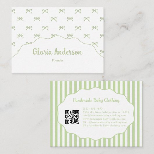 Carte De Visite Pretty Girly Feminine Green Bow Stripe Pattern (Devant / Derrière)