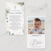 Carte De Visite Prière Baptême croisée de feuillage vert or (Devant / Derrière)