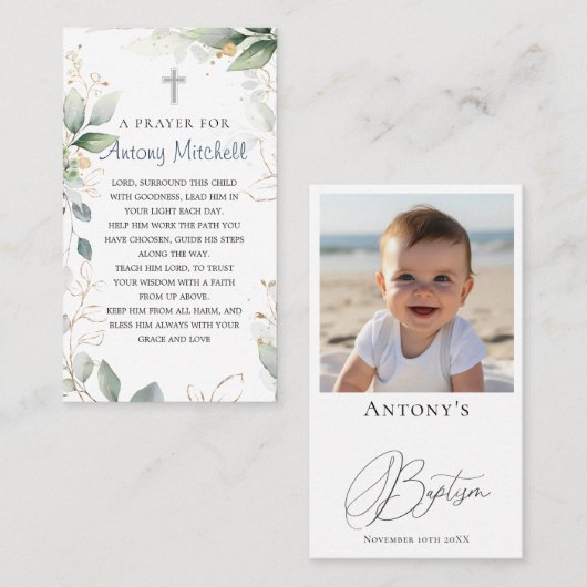 Carte De Visite Prière Baptême croisée de feuillage vert or (Devant / Derrière)