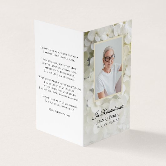 Carte De Visite Prière funéraire aux fleurs d'Hydrangée blanche (Extérieur)