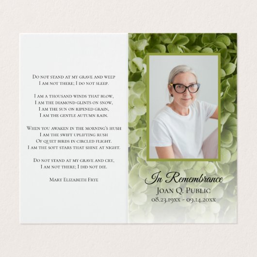 Carte De Visite Prière funéraire florale de l'Hydrangée verte (Extérieur déplié)