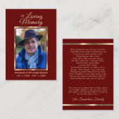 Carte De Visite PRIÈRE FUNÉRAIRE MERCI Bourgogne Red PHOTO (Devant / Derrière)