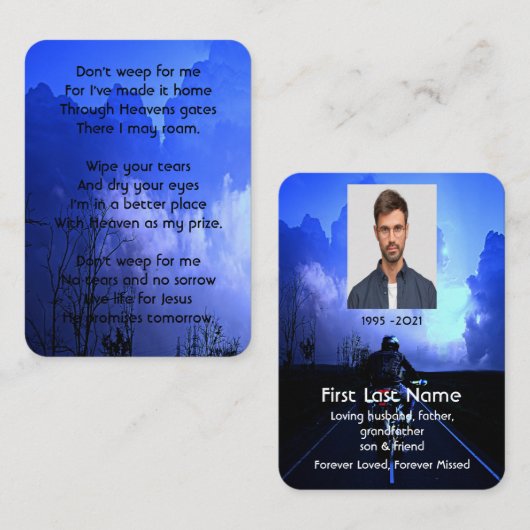 Carte De Visite Prière photo Memorial Motorcycle Biker Christian (Devant / Derrière)