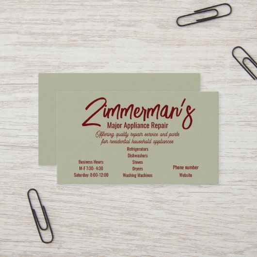 Carte de visite principal de réparation de matérie (Devant/Arrière en situation)