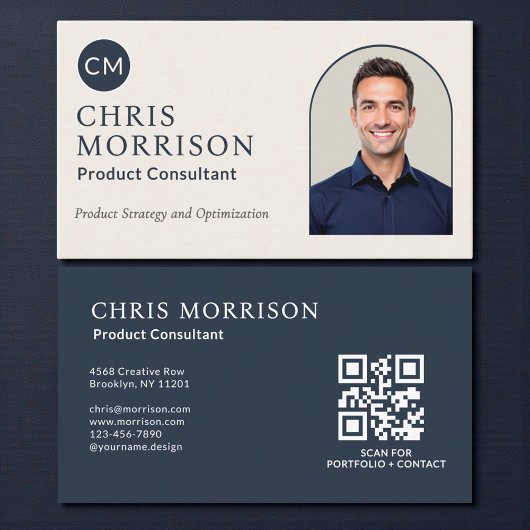 Carte De Visite Product Consultant Photo QR Code Navy Blue
