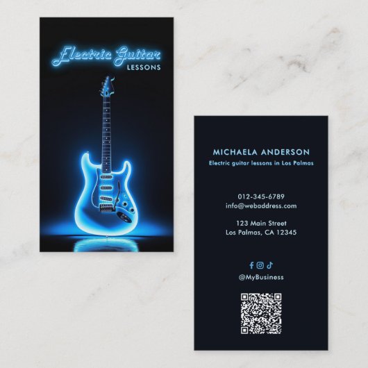 Carte De Visite Professeur de Guitare Électrique Code QR et Réseau (Devant / Derrière)