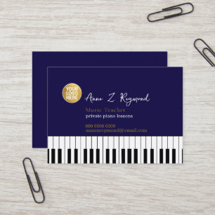 Carte De Visite Professeur de musique de piano bleu foncé avec log