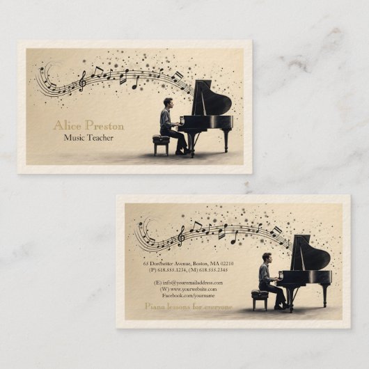 Carte De Visite Professeur de Musique de Piano | Unique (Devant / Derrière)