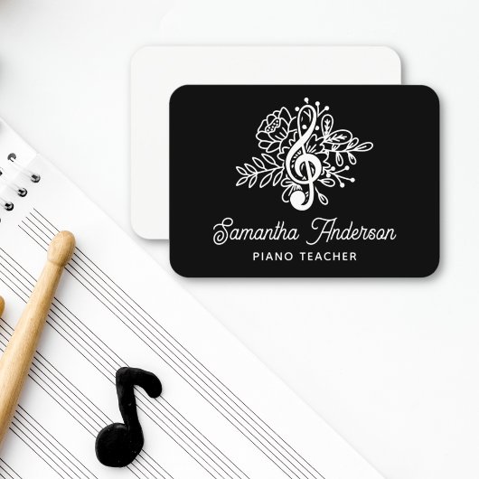 Carte De Visite Professeur de musique Moderne Black Floral Treble 