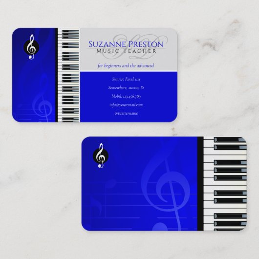Carte De Visite Professeur de musique | Touches de piano bleu (Devant / Derrière)