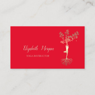 Carte De Visite Professeur de Yoga, Arbre Rouge Doré Silhouette de