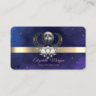 Carte De Visite Professeur de yoga lune bleue lotus rayure dorée 