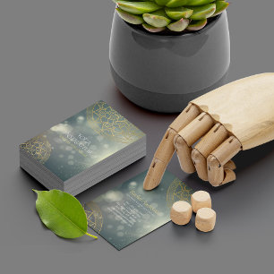 Carte De Visite Professeur de Yoga Mandala Or Lumières Bokeh Verte