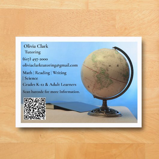 Carte De Visite Professeur globe et livre de classe QR Code blanc 