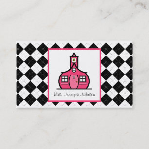 Carte De Visite Professeur rose à motifs de losanges d'école