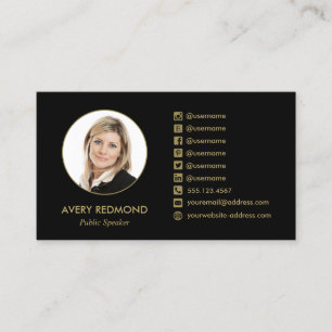 Carte De Visite Professional Black Ajouter Photo Médias sociaux Ic