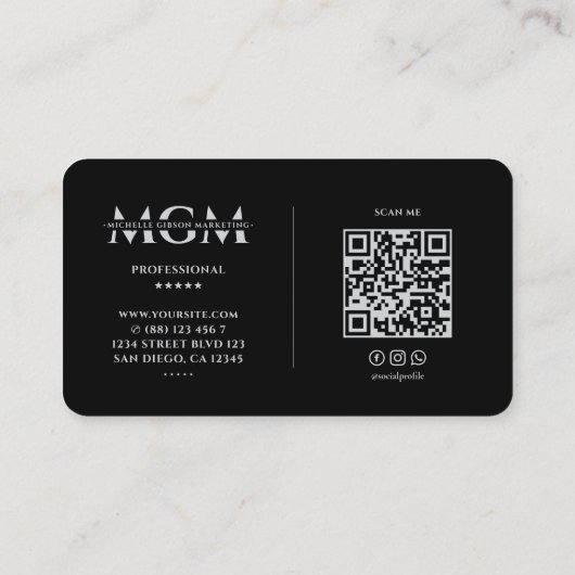 Carte De Visite Professional Black Grey Monogram Initials (Dos)