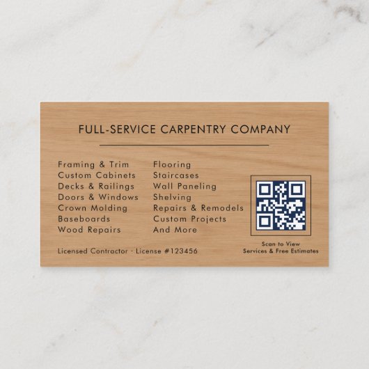 Carte De Visite Professional Carpenter QR Code (Dos)
