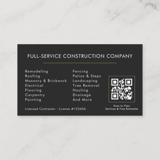 Carte De Visite Professional General Contractor QR Code  (Dos)