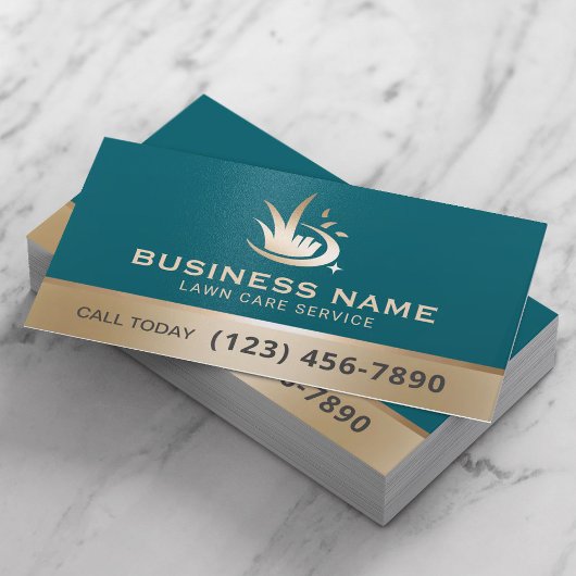Carte De Visite Professional Gold Lawn Care Logo Teal Landscaping