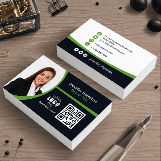 Carte De Visite Professional Green ajoutez votre logo QR Code Phot