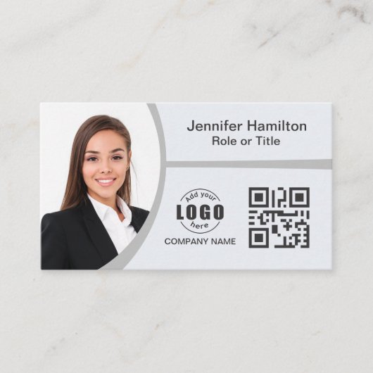 Carte De Visite Professional Grey ajoutez votre logo QR Code Photo (Devant)