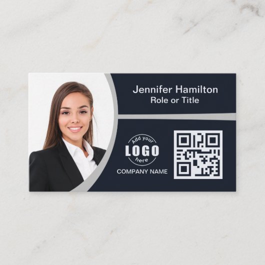 Carte De Visite Professional Grey ajoutez votre logo QR Code Photo (Devant)
