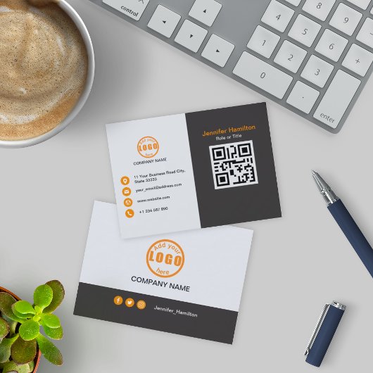 Carte De Visite Professional Grey Orange ajoutez votre logo QR Cod