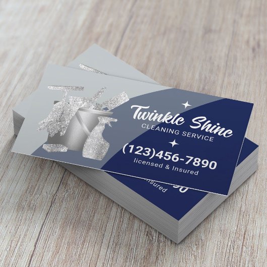 Carte De Visite Professional House Cleaning Service Blue Silver