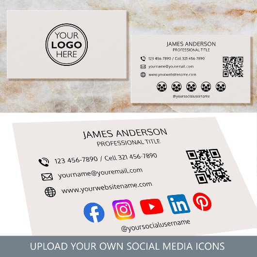 Carte De Visite Professional Logo Social Media QR Code Off-White