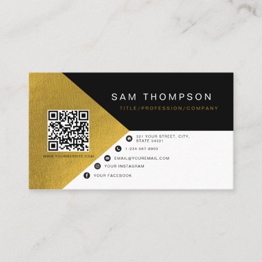 Carte De Visite Professional Modern Black Gold Foil QR Code (Devant)