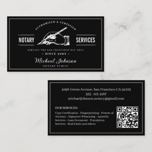 Carte De Visite Professional Notary Services QR Code Customizable (Devant / Derrière)