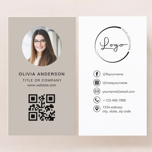 Carte De Visite Professional Photo Beige QR Code Social Media