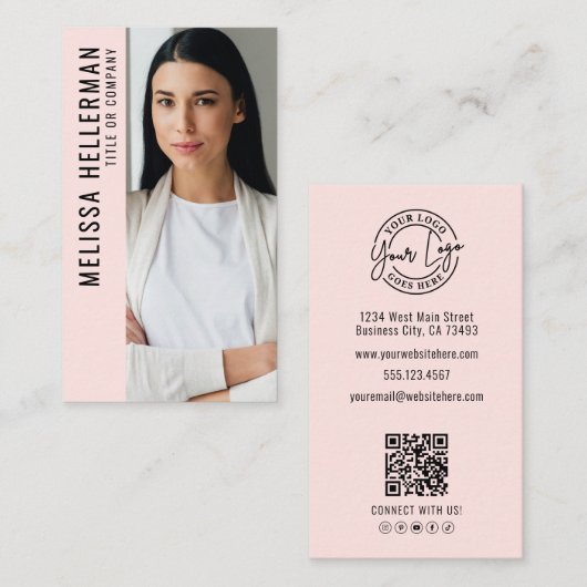 Carte De Visite Professional Photo Logo Vertical Pink  (Devant / Derrière)