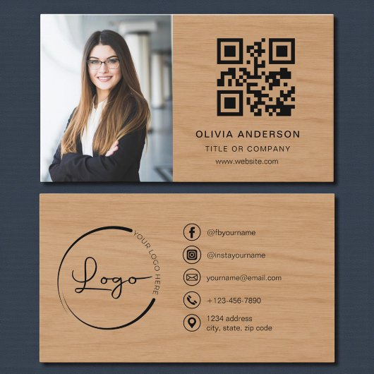 Carte De Visite Professional Photo Wood QR Code Social Media