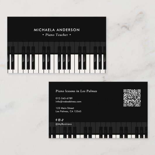 Carte De Visite Professional Piano Teacher QR Code & Social Media (Devant / Derrière)