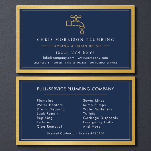 Carte De Visite Professional Plumber Navy Blue Gold QR Code