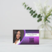 Carte De Visite Professional Purple Glitter Custom Photo QR Code (Debout devant)