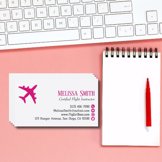 Carte De Visite Professional QR Code Pink Plane Flight Instructor