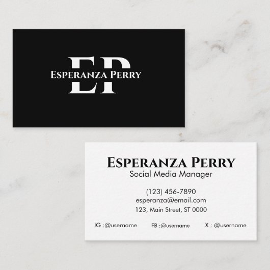 Carte De Visite Professional Sleek Bold Noir Monogramme Classique (Devant / Derrière)