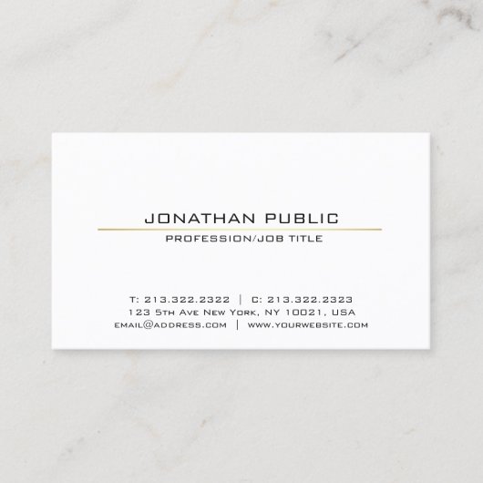 Carte De Visite Professionnel Blanc Or Sleek Moderne Plain Élégant (Devant)