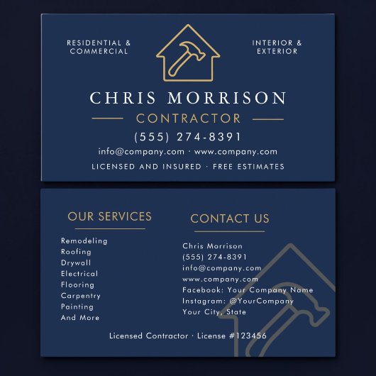 Carte De Visite Professionnel de la construction bleu marine or