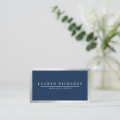 Carte De Visite Professionnel Luxe Faux Silver et Navy Blue (Debout devant)