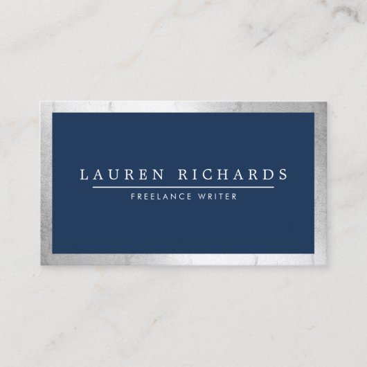 Carte De Visite Professionnel Luxe Faux Silver et Navy Blue (Devant)