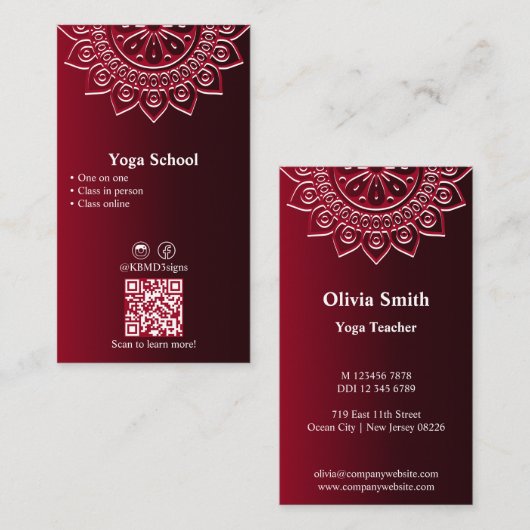 Carte de visite professionnel Red Mandala Yoga (Devant / Derrière)