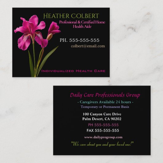 Carte De Visite Professionnel Soignant Rose Iris (Devant / Derrière)