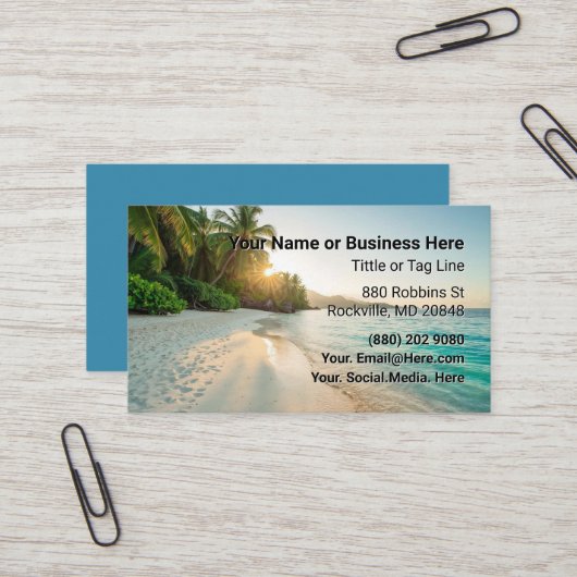 Carte de visite professionnelle avec plage et palm (Devant/Arrière en situation)